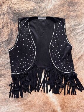 12th Tribe Studded Fringe Black Vest - Medium